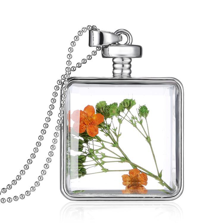 Green Pressed Flower & Silvertone Square Pendant Necklace