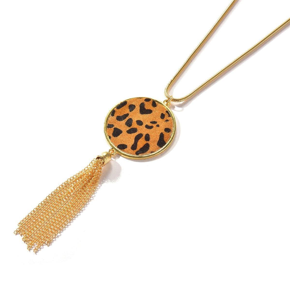 Tan Polyurethane & Goldtone Leopard Round Tassel Pendant Necklace