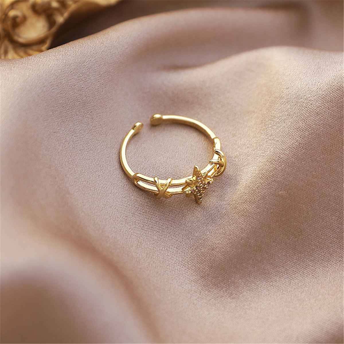 Cubic Zirconia & Goldtone Star Open-Band Ring