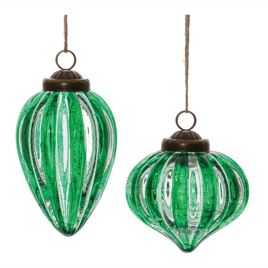 Melrose International Green Ribbed Crackle Glass Ornament (Set of 6)