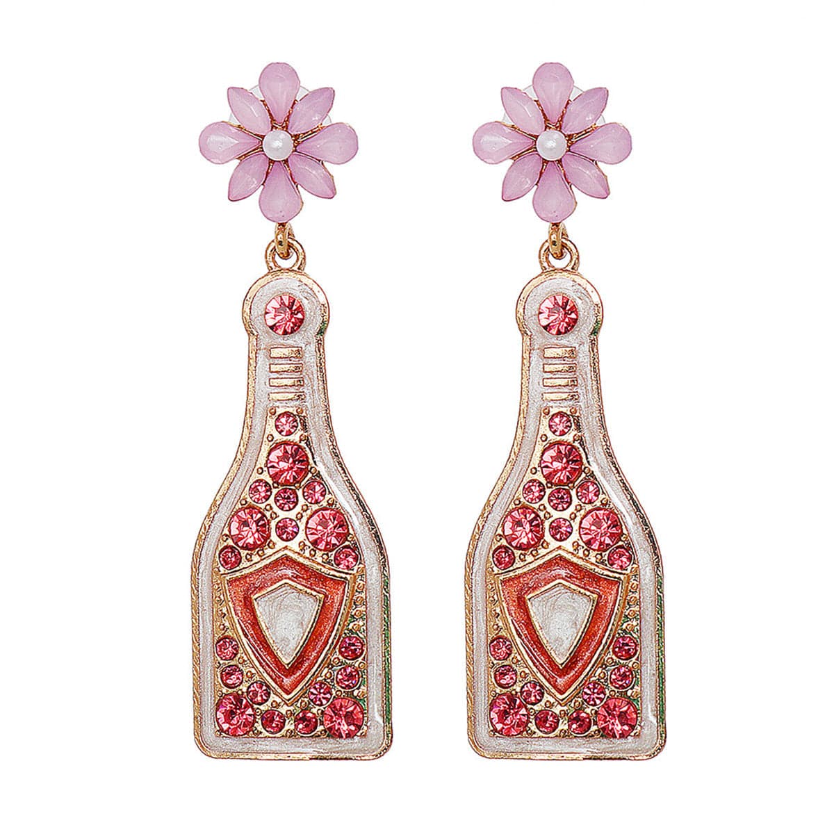 Pink Crystal & Enamel Pearl Shield Bottle Drop Earrings