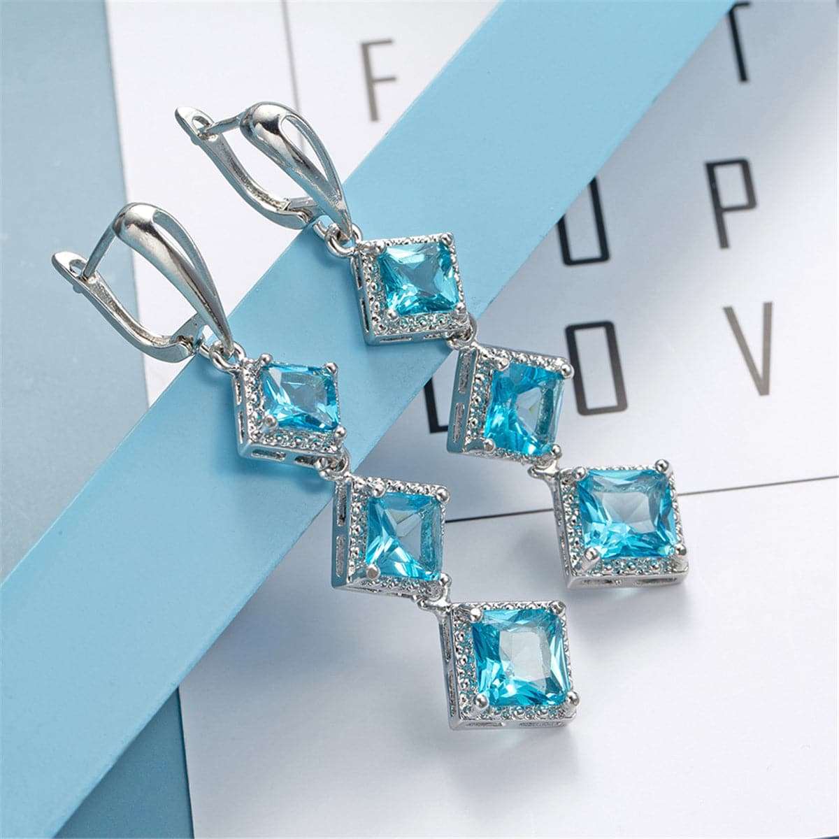 Blue Crystal & Silvertone Princess-Cut Stacked Drop Earrings