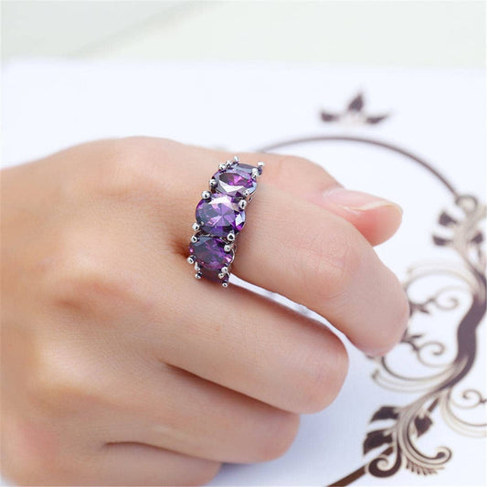 Purple Crystal & Silvertone Five-Stone Oval Ring