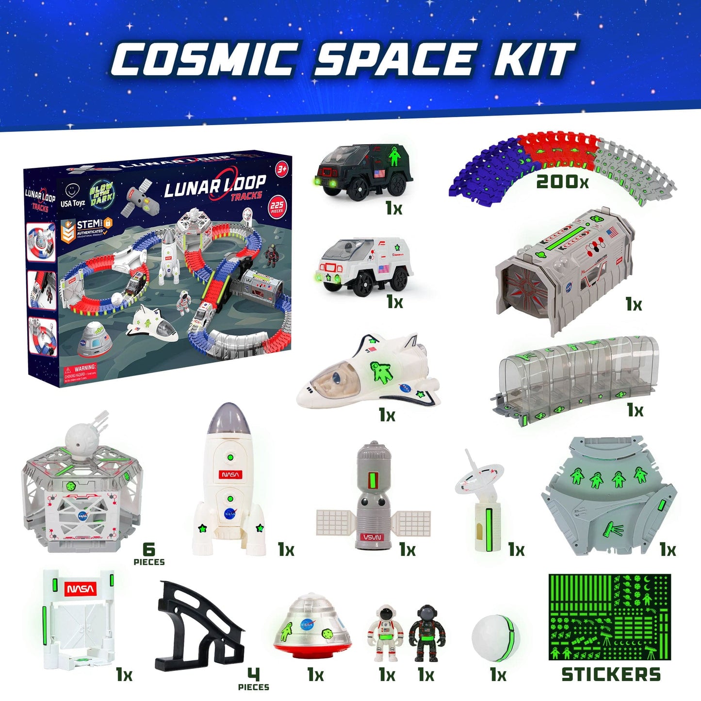 Blue, gray and red tracks, black and gray space toys(cars, tunnel, rocket)-
