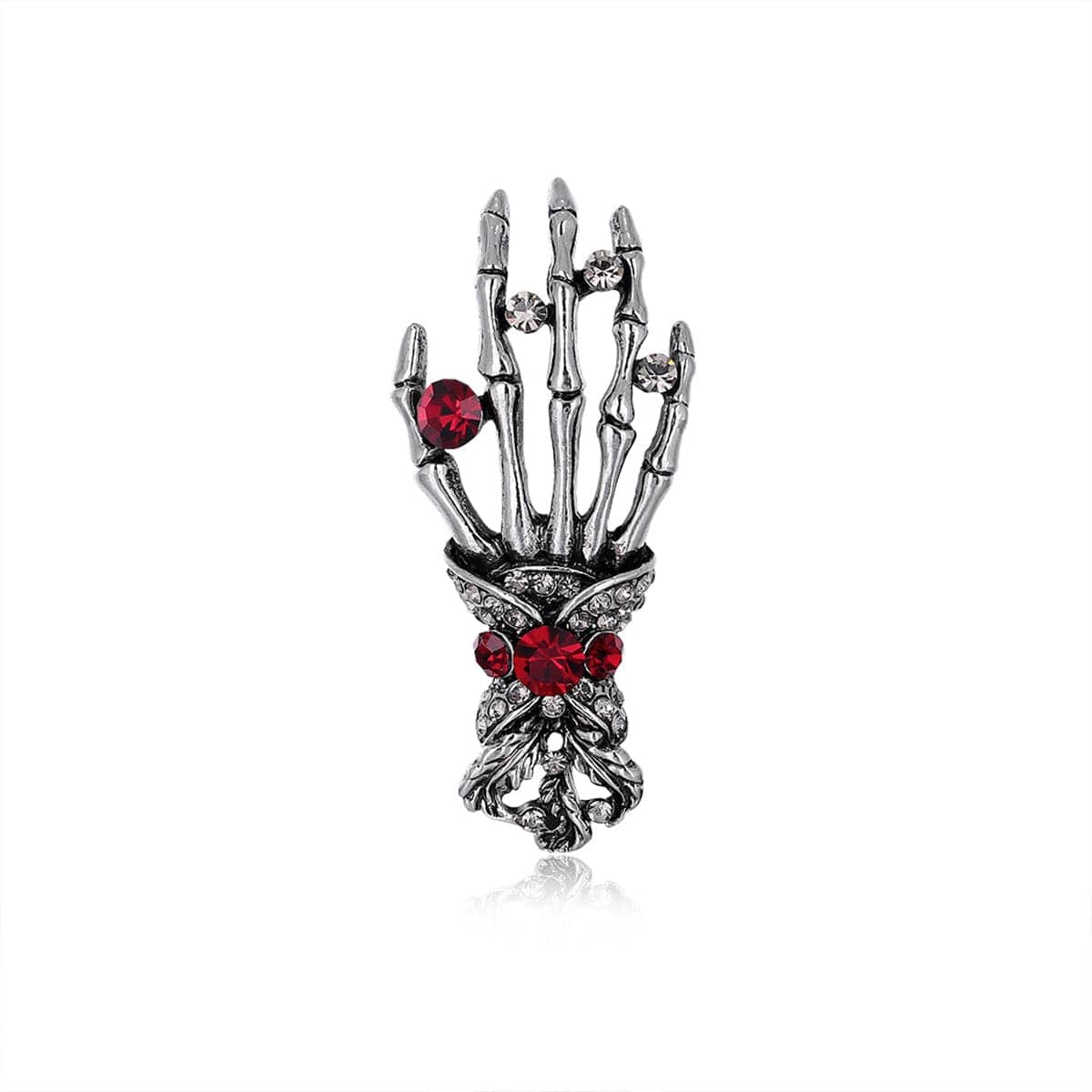 Cubic Zirconia & Silvertone Skeleton Hand Brooch