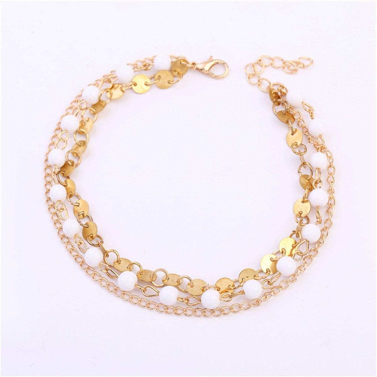 Goldtone & White Beaded Anklet