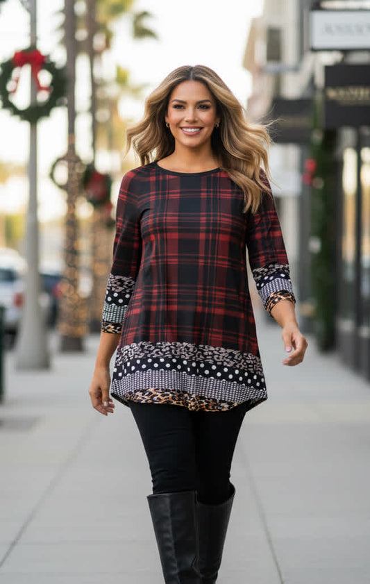 Red Plaid with Mixed Print Hem-