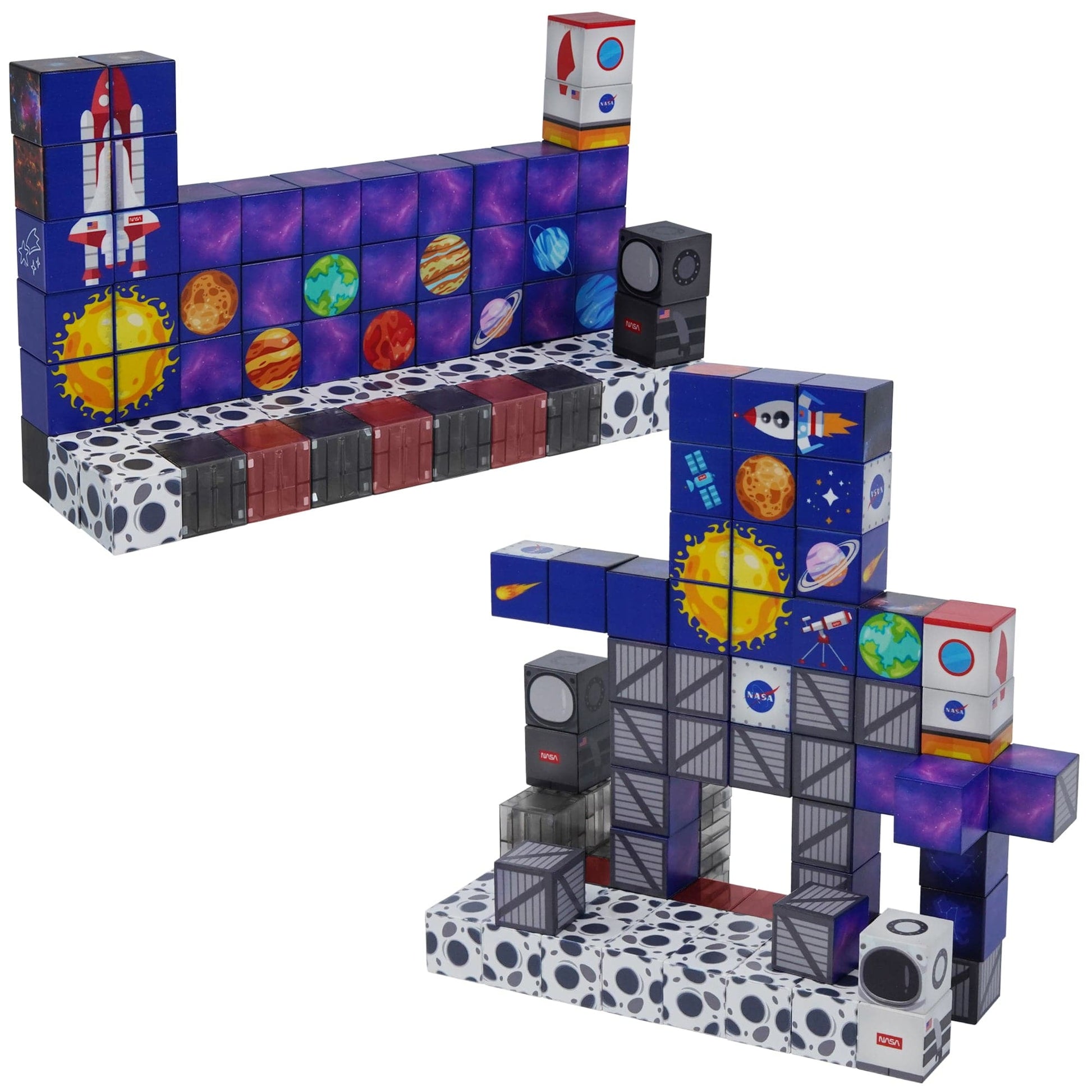 Blue, gray, red maganatic blocks-