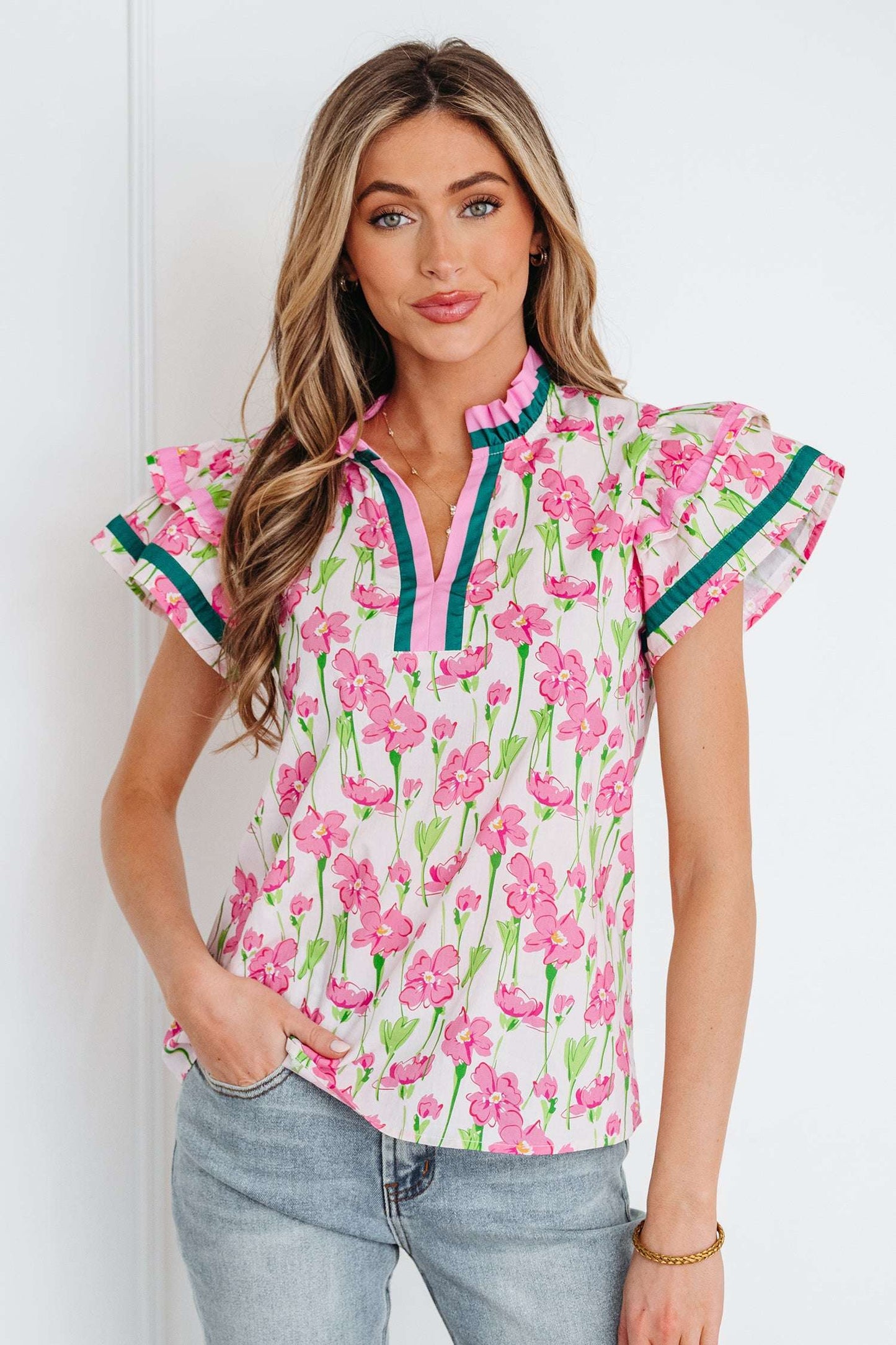 Elyse Ruffled Short Sleeve Blouse - Pink / L - 12/14