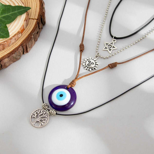 Black Resin & Polyster Silvertone Celestial Life Tree Eye Pendant Necklace Set