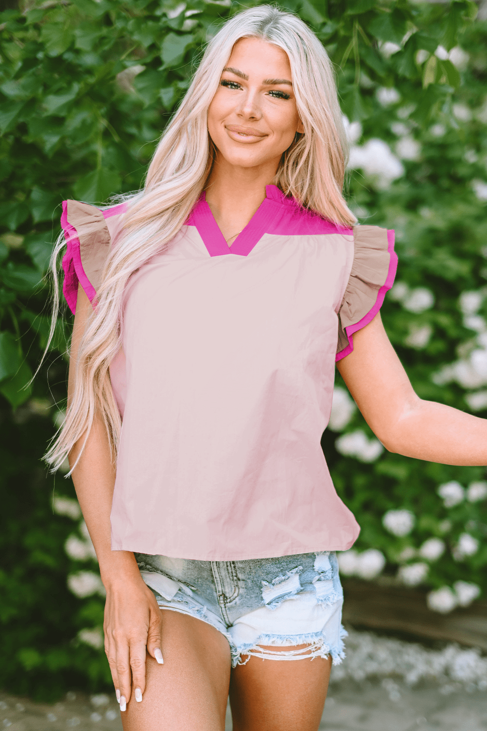 Threaded Pear Maci Ruffled Sleeve Frill V Neck Blouse