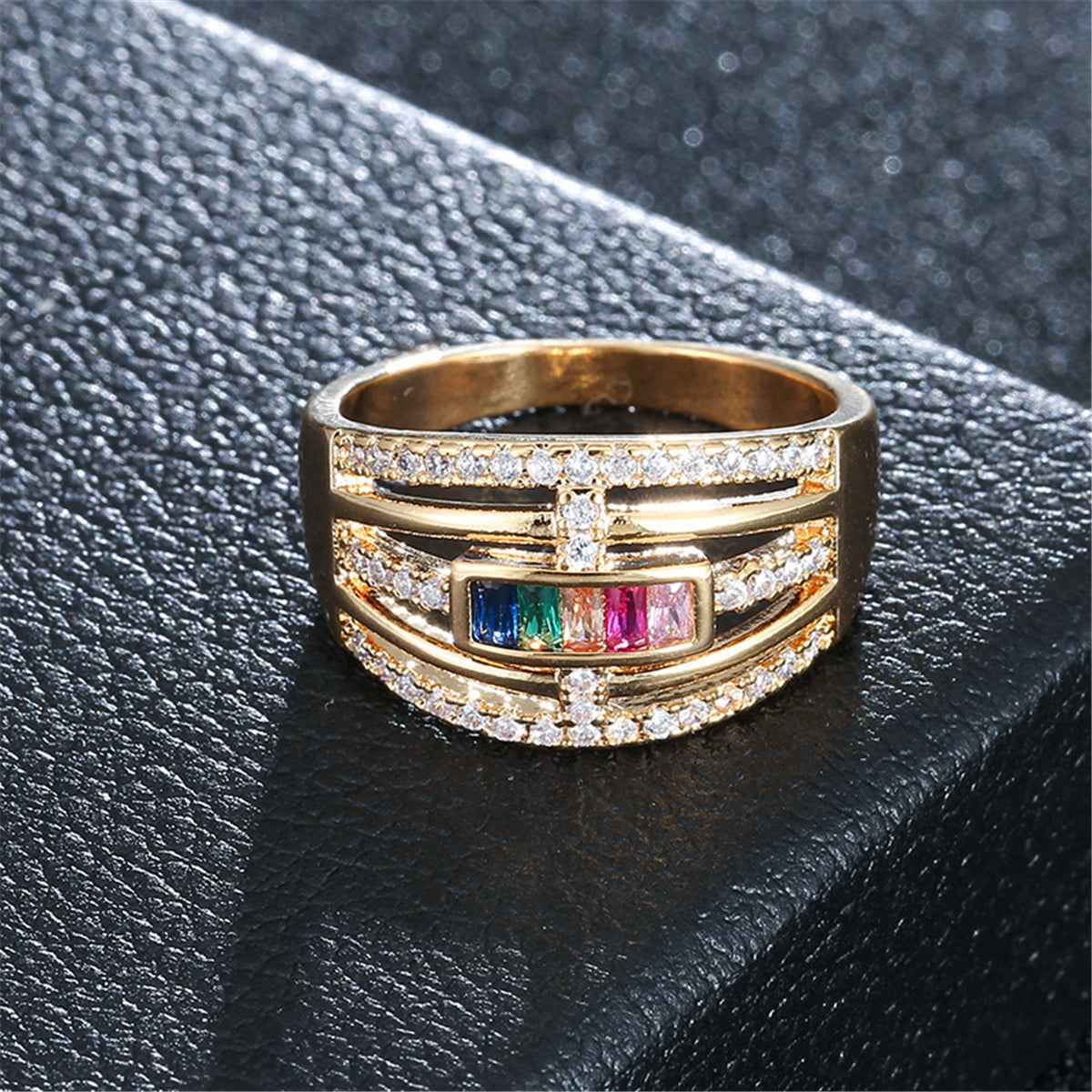 Cubic Zirconia & Rainbow Crystal Horizontal Line Ring