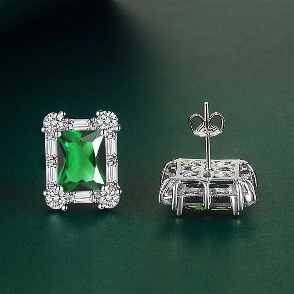 Green Crystal & Cubic Zirconia Silvertone Rectangular Stud Earrings