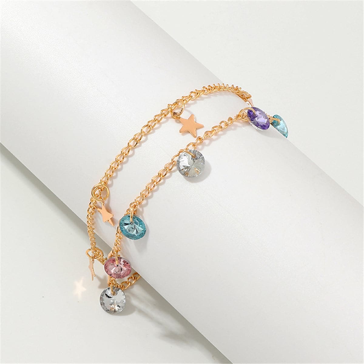 Colored Crystal & Goldtone Star Layered Station Anklet