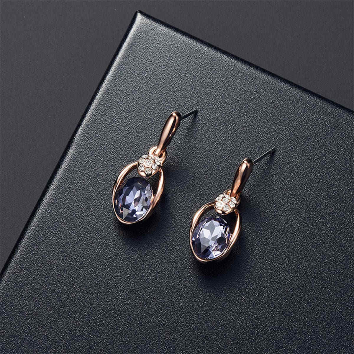 Purple & Rose Goldtone Oval Pendant Necklace & Drop Earrings
