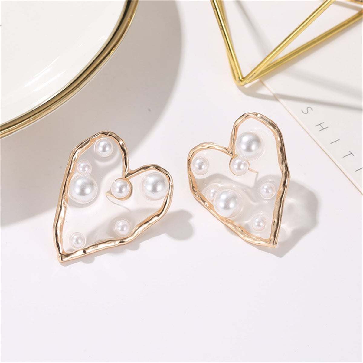 Pearl & Resin Goldtone Heart Stud Earrings