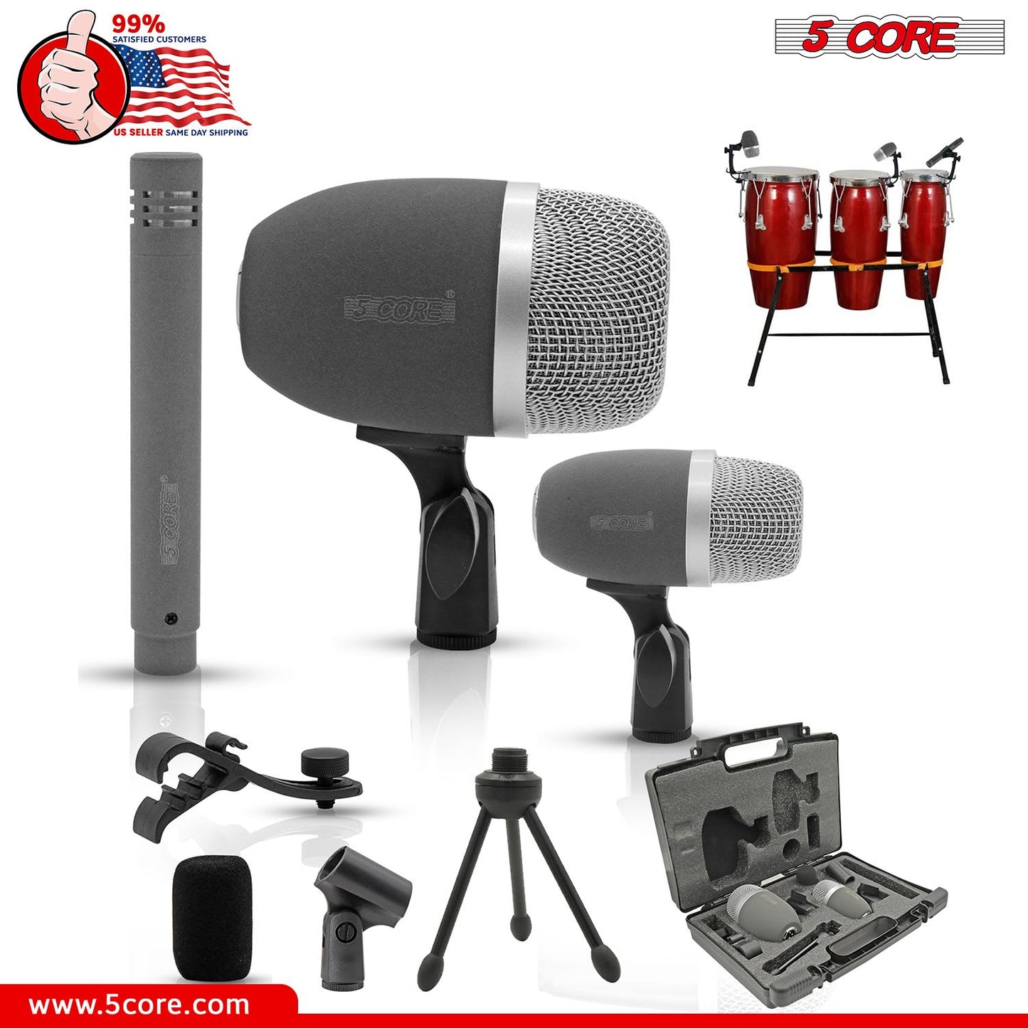 5 Core Conga Mic Snare Tom Set Professional XLR Cardioid Unidirectional Condenser Instrument Microphone Kit - CONGO 3XP - Gray