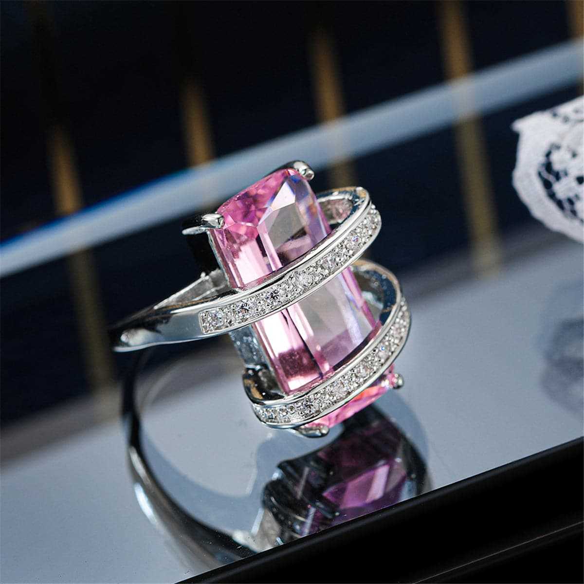 Pink Crystal & Cubic Zirconia Geometric Ring