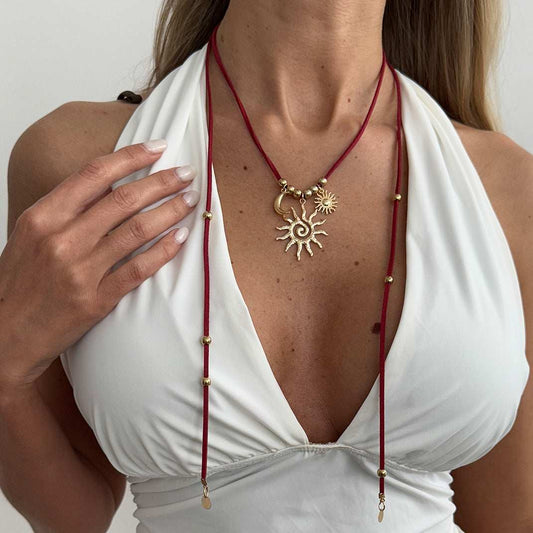 Red Polyster & Goldtone Sun Moon Pendant Necklace