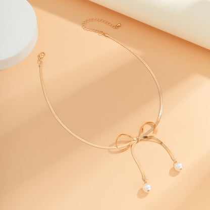 Pearl & Goldtone Bow Choker Necklace
