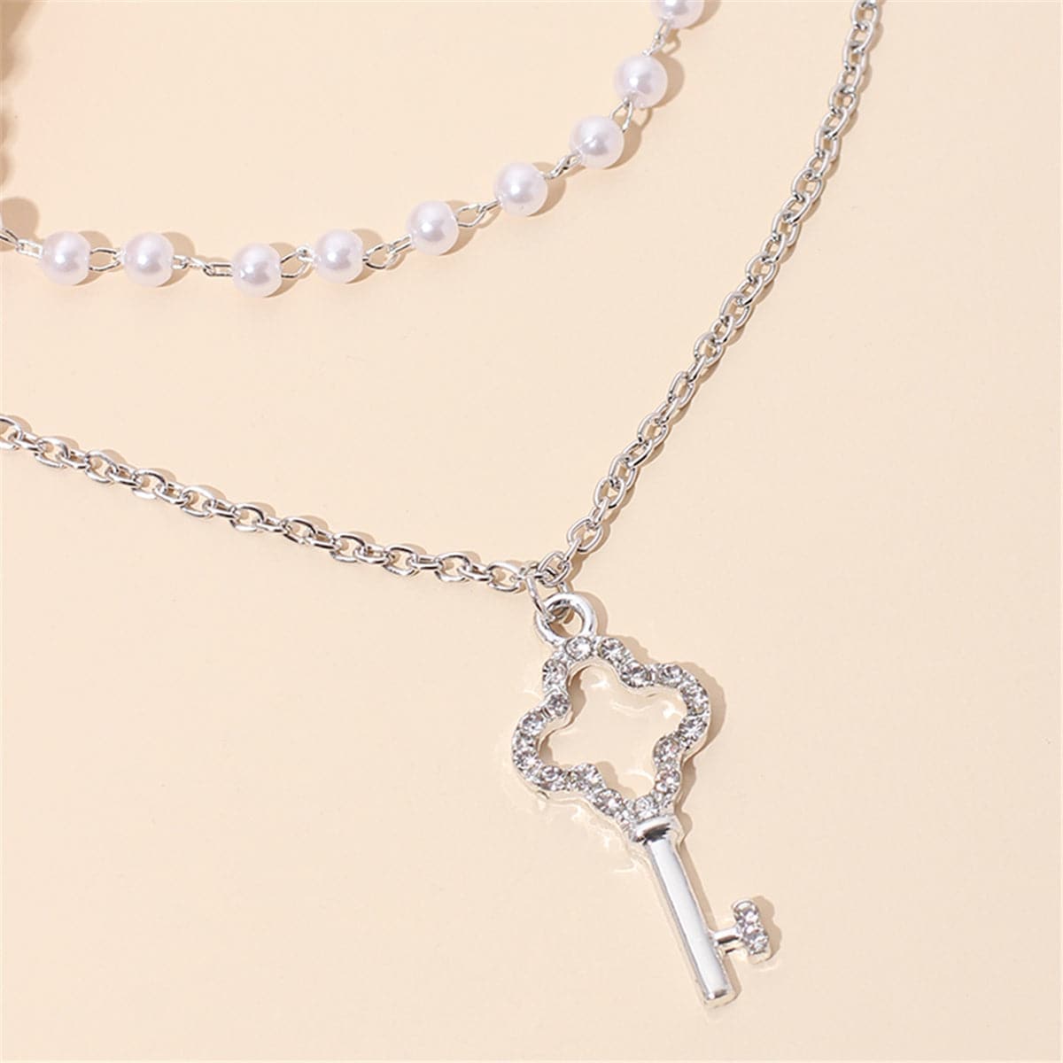 Pearl & Cubic Zirconia Silvertone Layered Key Pendant Necklace