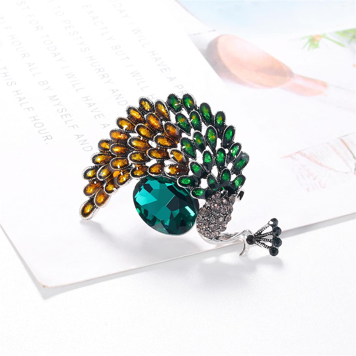 Clear Cubic Zirconia & Silvertone Peacock Brooch