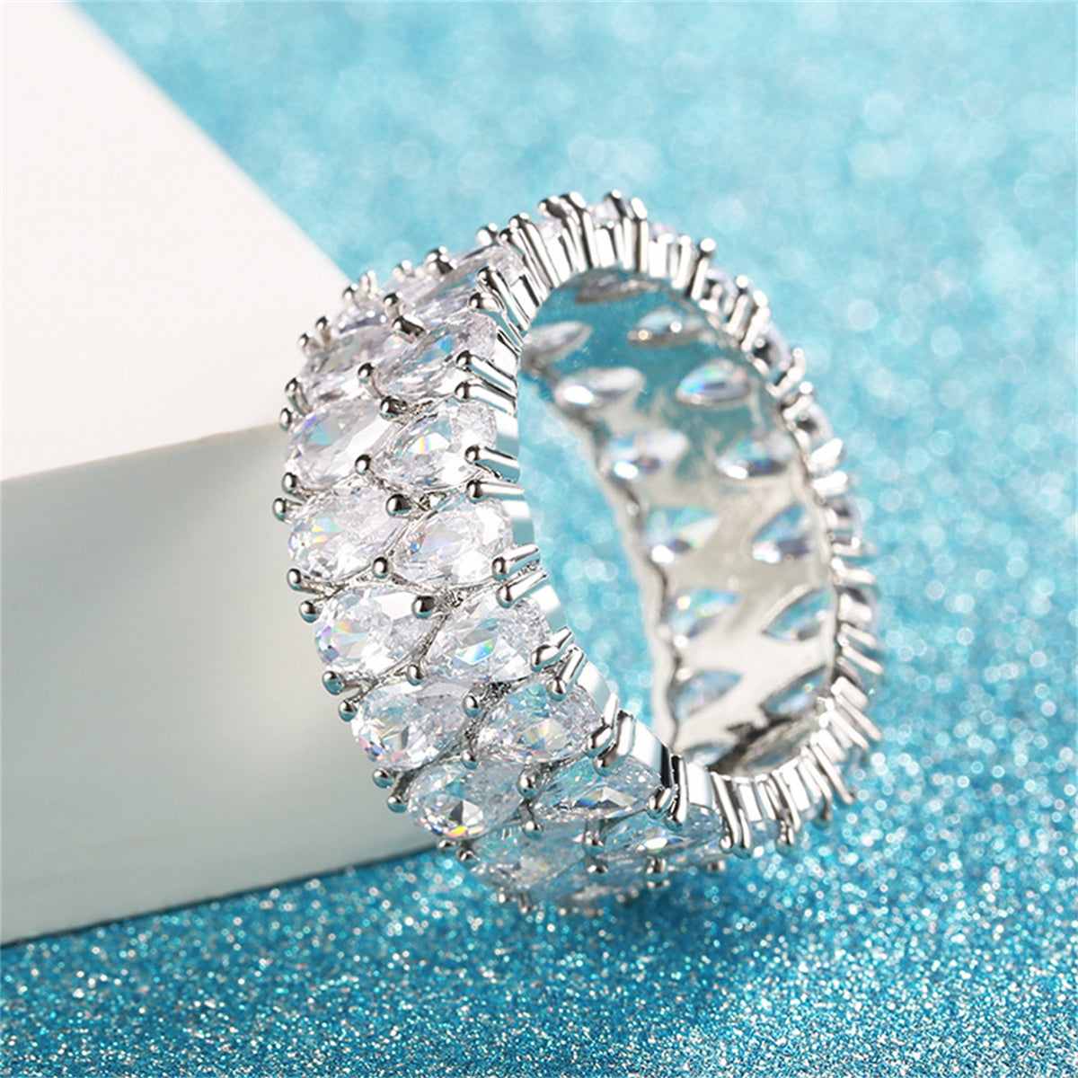 Pear Cut-Crystal & Silvertone Layered Band Ring-3
