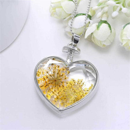 Yellow Pressed Gypsophila & Silvertone Heart Pendant Necklace