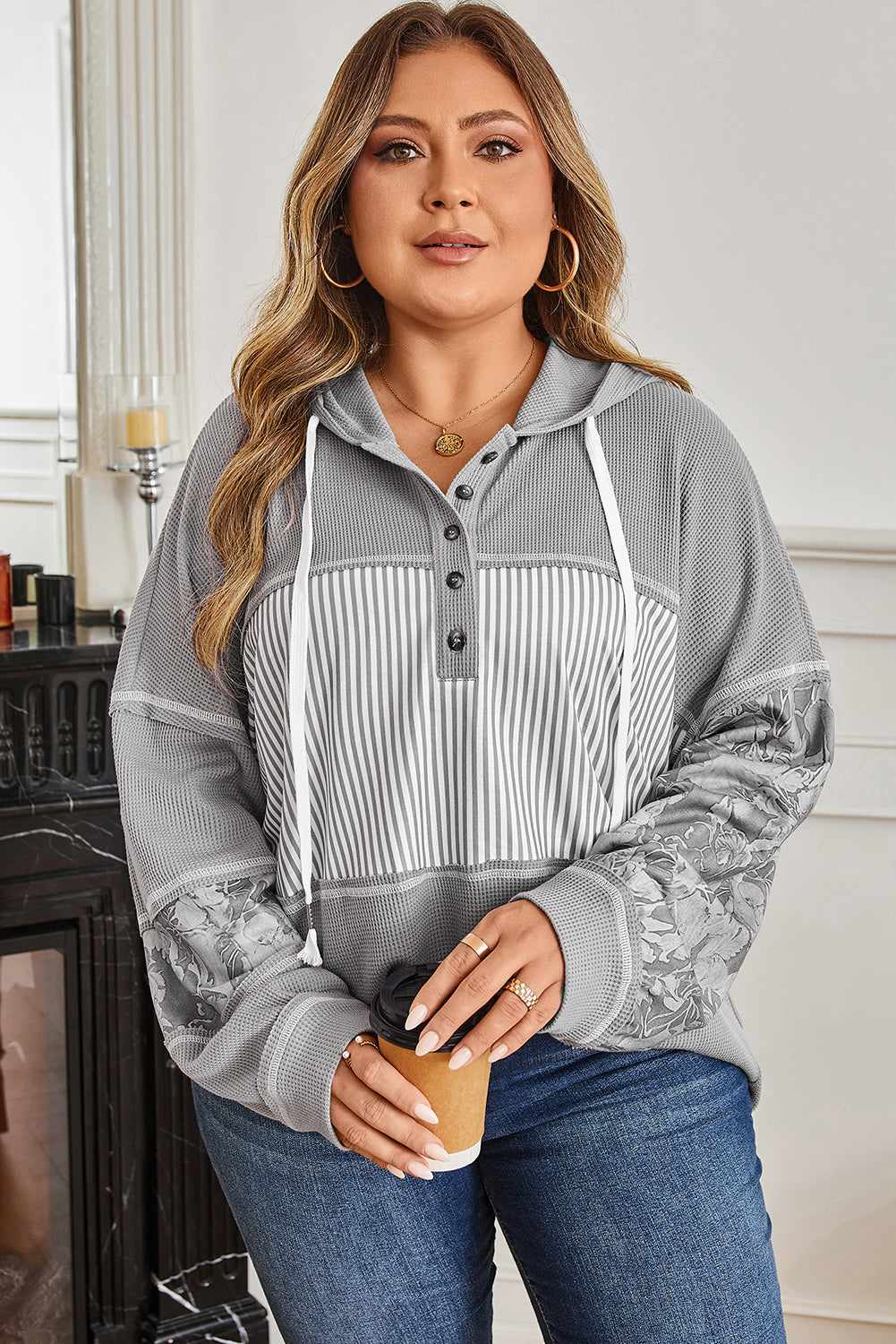 Olivia Patchwork Half Hooded Plus Top