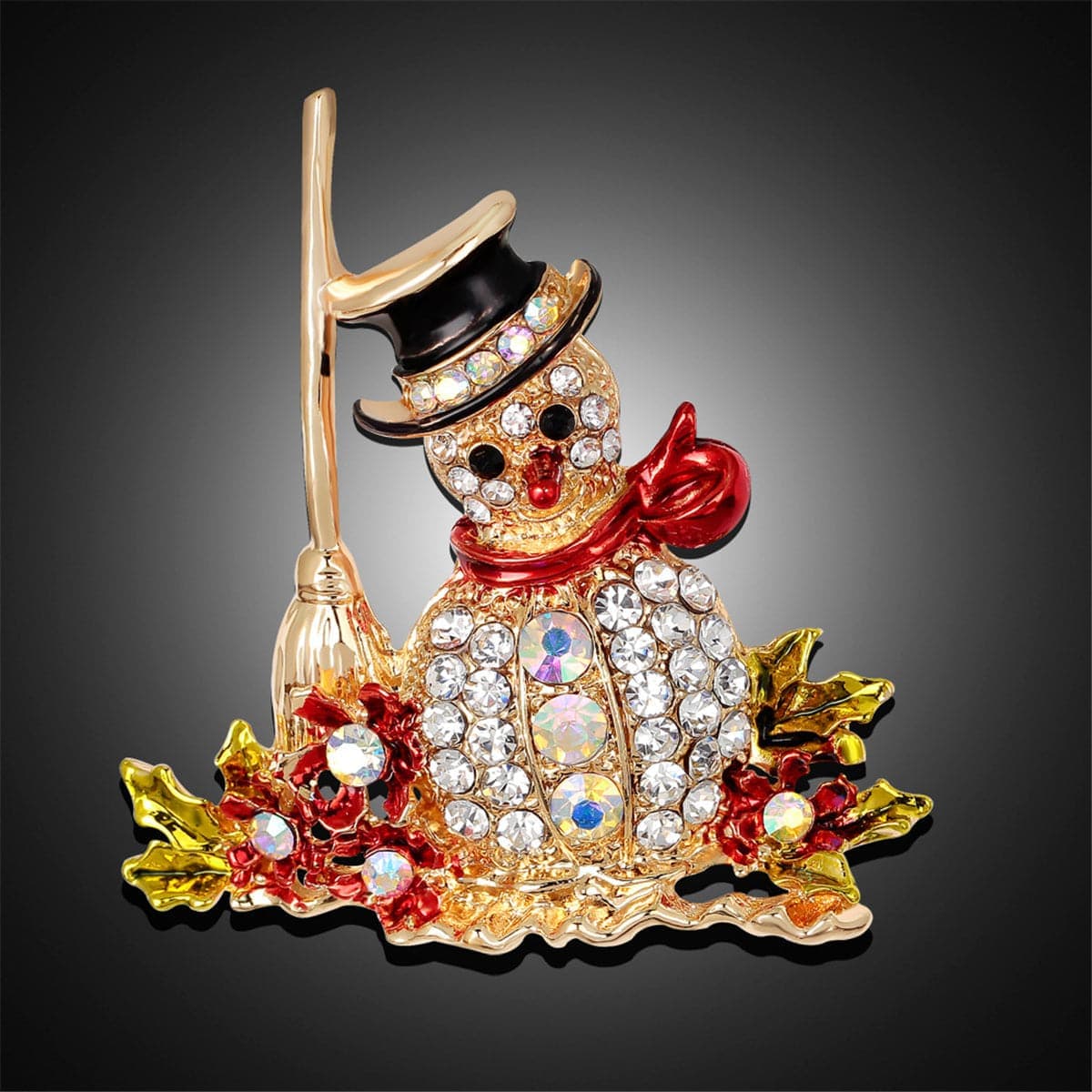 Cubic Zirconia & Goldtone Snowman Broom Brooch