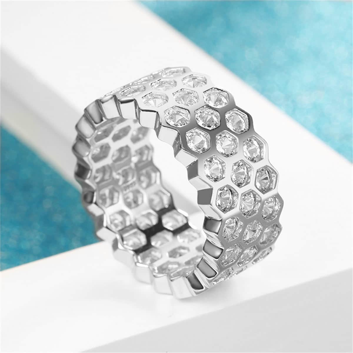 Cubic Zirconia & Silvertone Honeycomb Band-1