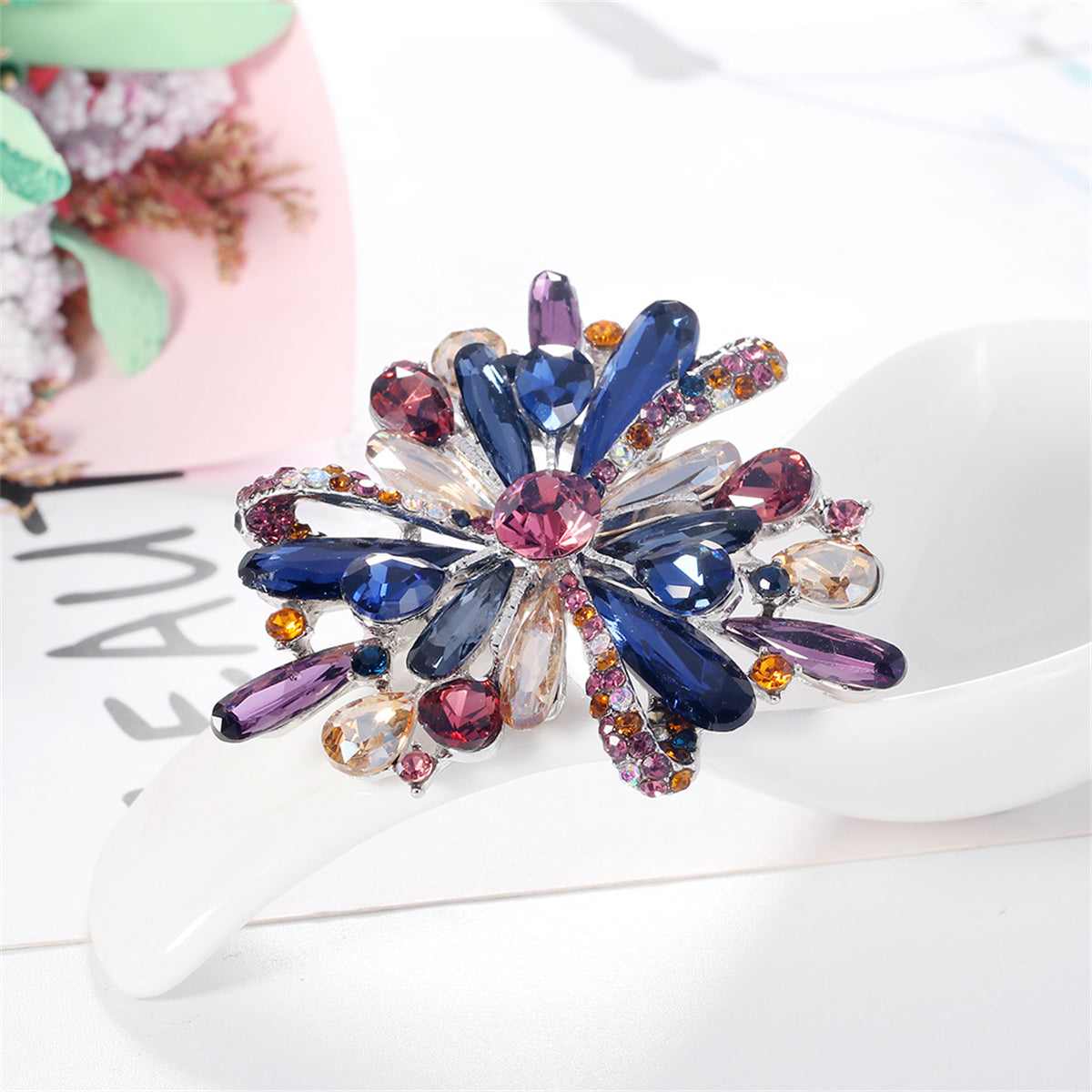 Pink & Multicolor Cubic Zirconia & Silvertone Flower Brooch