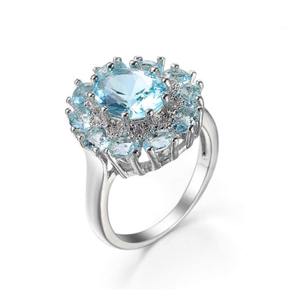 Sea Blue Crystal & Silvertone Halo Ring