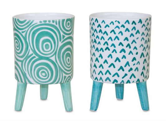 Melrose International Blue Patterned Pot with Legs (Set of 2)