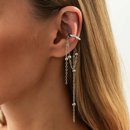 Silvertone Beaded Chain Tassel Ear Cuff