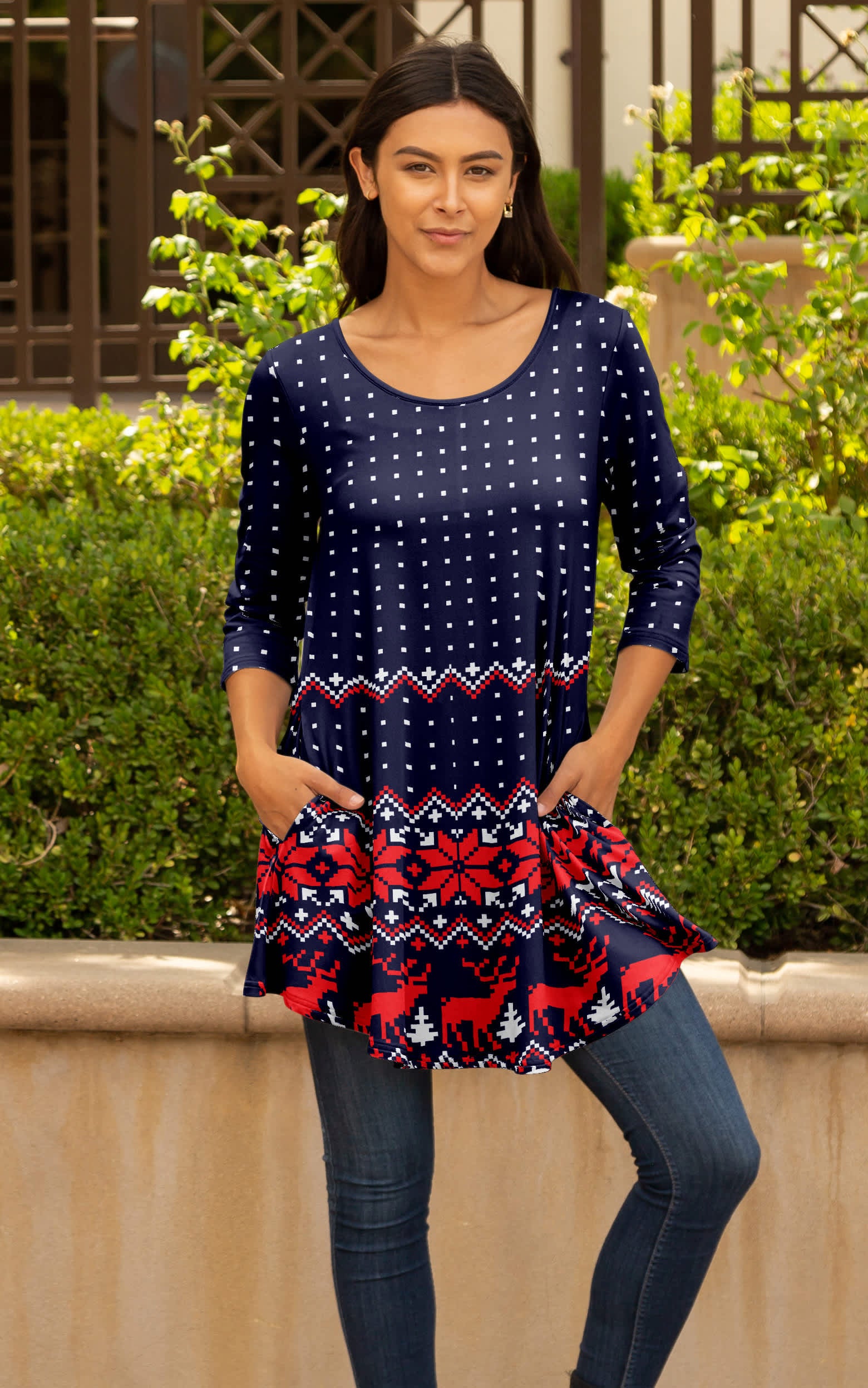 Navy Blue and Red Winter Sweater Print-