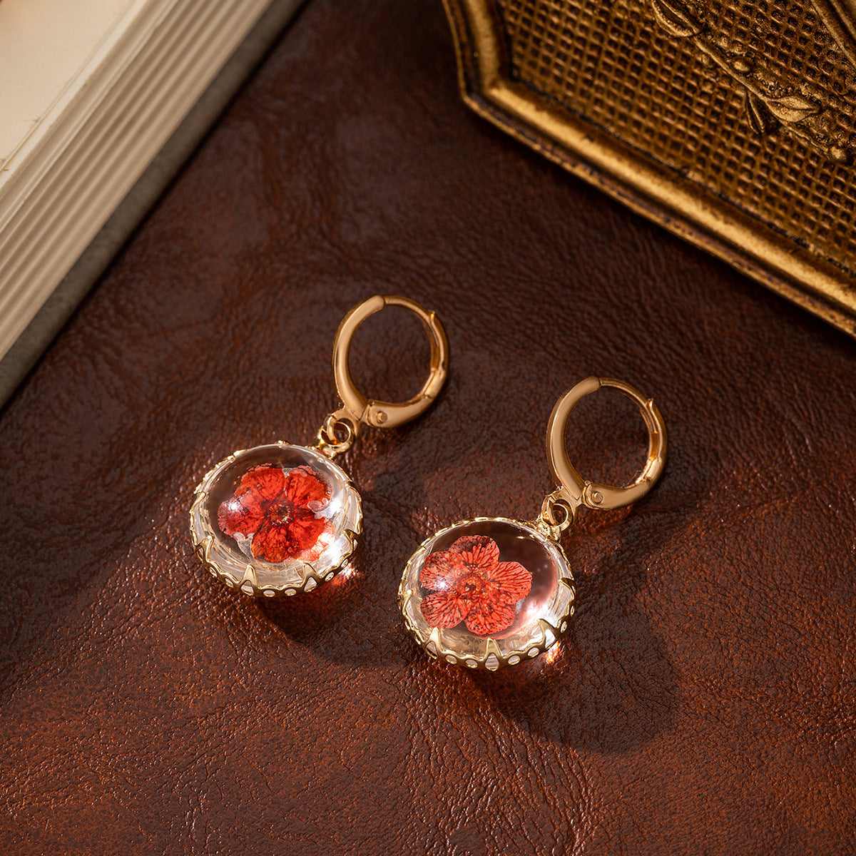 Red Pressed Flower & Goldtone Round Huggie Earrings