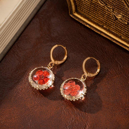 Red Pressed Flower & Goldtone Round Huggie Earrings