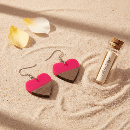 Rose Resin & Wood Silvertone Heart Hook Earrings