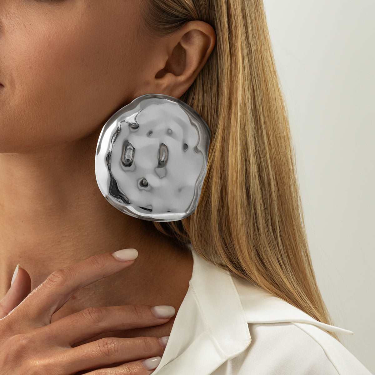 Silvertone Hammered Round Statement Earrings