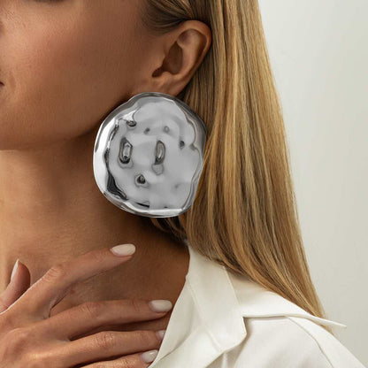 Silvertone Hammered Round Statement Earrings