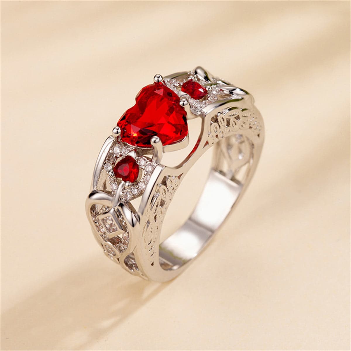 Red Crystal & Cubic Zirconia Heart Ring-2