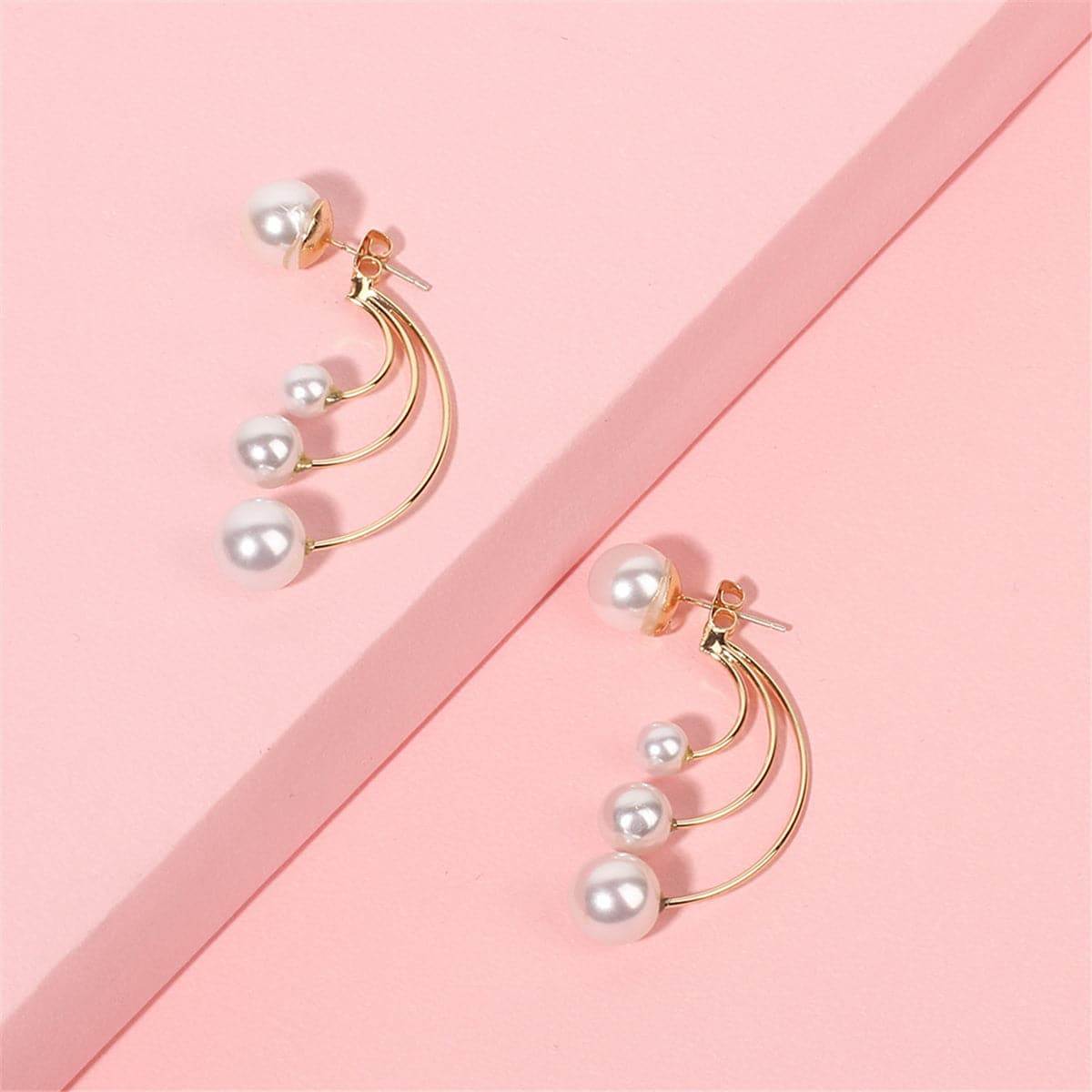 Pearl & Goldtone Curved Drop Earrings