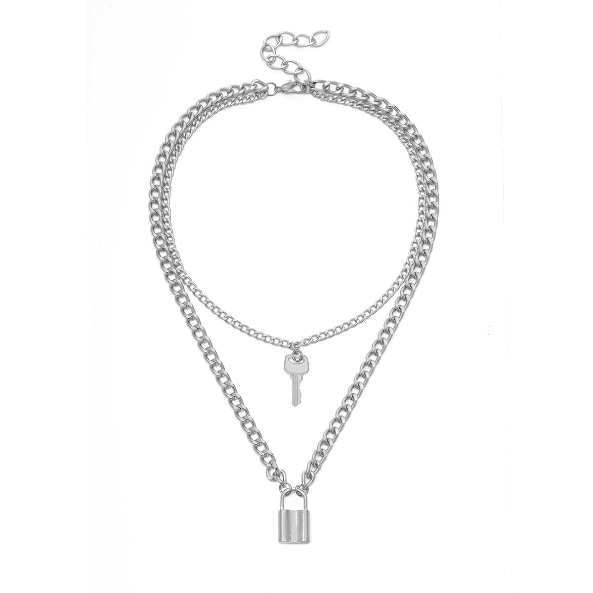 Silvertone Lock & Key Layered Pendant Necklace