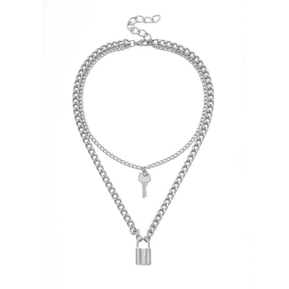 Silvertone Lock & Key Layered Pendant Necklace
