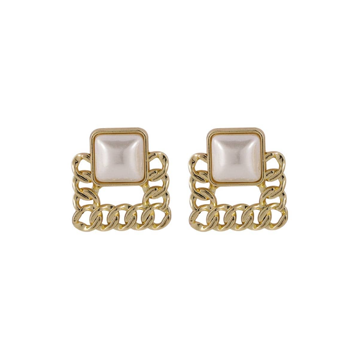 Pearl Goldtone Figaro Square Stud Earrings