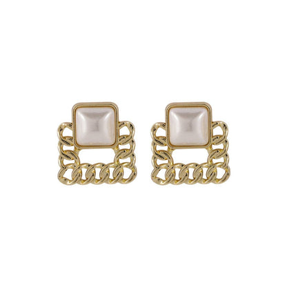 Pearl Goldtone Figaro Square Stud Earrings