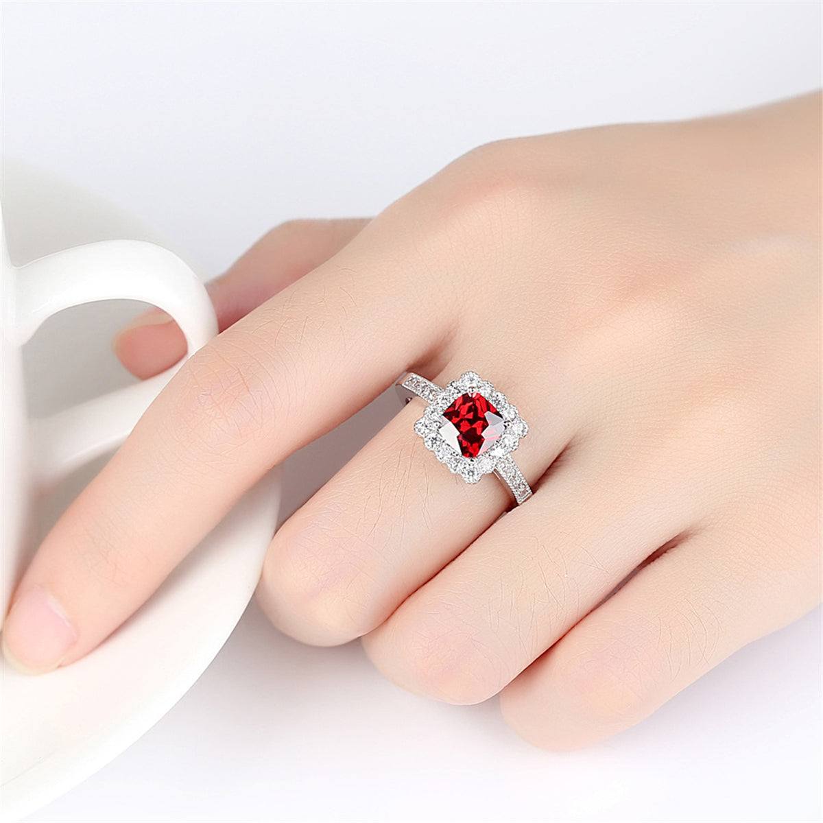 Red Crystal & Cubic Zirconia Cushion-Cut Hola Ring-1