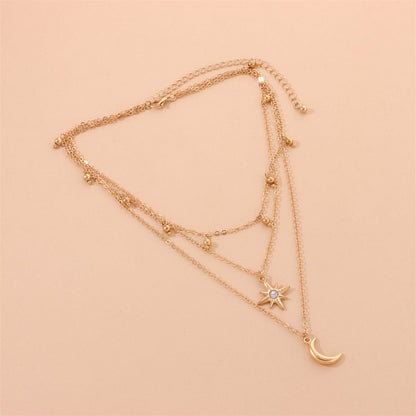 Cubic Zirconia & Goldtone Stars Moon Layered Pendant Necklace