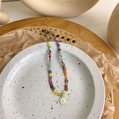 White Enamel & Multicolor Acrylic Goldtone Daisy Pendant Beaded Necklace